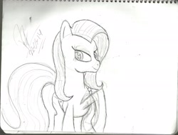 Size: 2083x1573 | Tagged: safe, artist:ironwrench93, fluttershy, pegasus, pony, monochrome, solo, traditional art