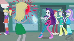 Size: 1280x720 | Tagged: safe, edit, edited screencap, screencap, aqua blossom, blueberry cake, cloudy kicks, derpy hooves, rarity, rose heart, equestria girls, life is a runway, abuse, background human, epic rage time, eye beams, optic blast