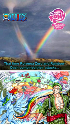 Size: 540x957 | Tagged: safe, artist:irie-mangastudios, derpibooru import, edit, rainbow dash, pegasus, pony, crossover, logo, one piece, rainbow, roronoa zoro, tornado