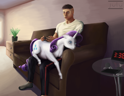 Size: 1280x998 | Tagged: safe, artist:misterjuly, rarity, human, gamer, realistic, sitting on person, uncanny valley