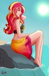 Size: 800x1232 | Tagged: safe, artist:emberfan11, sunset shimmer, human, better together, equestria girls, forgotten friendship, barefoot, beach, clothes, feet, looking at you, midriff, ocean, rock, sitting, solo, sun, sunshine shimmer, swimsuit