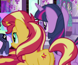 Size: 1006x841 | Tagged: safe, screencap, princess celestia, princess luna, sunset shimmer, twilight sparkle, twilight sparkle (alicorn), alicorn, better together, equestria girls, forgotten friendship, cropped, hoof shoes, plot