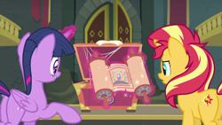 Size: 1920x1080 | Tagged: safe, screencap, sunset shimmer, twilight sparkle, twilight sparkle (alicorn), alicorn, better together, equestria girls, forgotten friendship, plot, scroll