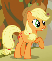 Size: 370x430 | Tagged: safe, screencap, applejack, earth pony, pony, fall weather friends, cropped, raised hoof, solo