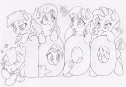 Size: 800x553 | Tagged: safe, artist:dfectivedvice, derpibooru import, applejack, fluttershy, pinkie pie, rainbow dash, rarity, twilight sparkle, earth pony, pegasus, pony, unicorn, grayscale, mane six, monochrome, traditional art