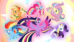 Size: 1920x1080 | Tagged: safe, derpibooru import, screencap, applejack, fluttershy, pinkie pie, rainbow dash, rarity, twilight sparkle, twilight sparkle (alicorn), alicorn, earth pony, pegasus, pony, unicorn, twilight's kingdom, mane six, rainbow power