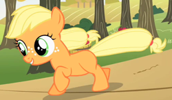 Size: 508x295 | Tagged: safe, screencap, applejack, earth pony, pony, the cutie mark chronicles, cute, female, filly, foal, jackabetes, outfit catalog, running, smiling, solo, tree, younger