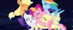 Size: 1920x808 | Tagged: safe, derpibooru import, screencap, applejack, fluttershy, pinkie pie, rainbow dash, rarity, pony, sea pony, seapony (g4), my little pony: the movie, eyes closed, fin wings, group hug, hat, horn, hug, mane five, seaponified, seapony applejack, seapony fluttershy, seapony pinkie pie, seapony rainbow dash, seapony rarity, species swap, underwater