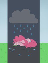 Size: 970x1253 | Tagged: safe, artist:saber-panda, pinkie pie, earth pony, pony, balloon, cloud, crying, party horn, popped balloon, rain, solo