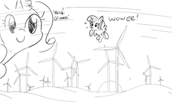 Size: 1362x824 | Tagged: safe, artist:tjpones, edit, editor:dsp2003, starlight glimmer, twilight sparkle, twilight sparkle (alicorn), alicorn, pony, unicorn, female, mare, meme, monochrome, simple background, sketch, wat, white background, wind turbine generator, wow! glimmer