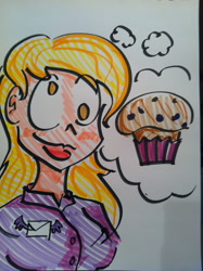 Size: 1936x2592 | Tagged: safe, artist:wilbywooster, derpy hooves, human, food, humanized, muffin, solo, thought bubble