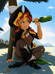 Size: 1536x2048 | Tagged: safe, artist:qzygugu, sunset shimmer, equestria girls, alcohol, beach, boots, bottle, clothes, hat, pants, pirate, pirate hat, rum, shoes, smiling, solo, sword, tree, weapon