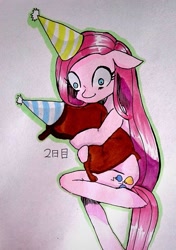 Size: 719x1024 | Tagged: safe, artist:umiushi, madame leflour, pinkie pie, earth pony, pony, hat, party hat, pinkamena diane pie, pixiv, solo, traditional art