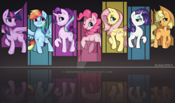 Size: 1280x756 | Tagged: safe, artist:theprince, applejack, fluttershy, pinkie pie, rainbow dash, rarity, starlight glimmer, twilight sparkle, twilight sparkle (alicorn), alicorn, earth pony, pegasus, pony, unicorn, female, mane six, mare, obtrusive watermark, plot, smiling, watermark