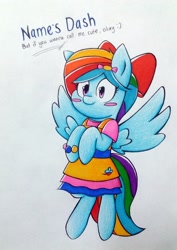 Size: 1525x2158 | Tagged: safe, artist:mustachedbain, derpibooru import, rainbow dash, pegasus, pony, alternate hairstyle, blushing, clothes, cute, dashabetes, dress, female, mare, rainbow dash always dresses in style, smiling, solo, traditional art