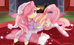 Size: 1000x607 | Tagged: safe, artist:chokico, fluttershy, pegasus, pony, bottomless, clothes, fireplace, floppy ears, hair over one eye, hat, lying, nightcap, obtrusive watermark, partial nudity, pillow, smiling, socks, solo, striped socks, sweater, sweatershy, watermark