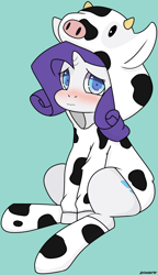 Size: 1600x2775 | Tagged: safe, artist:zoarity, rarity, cow, pony, unicorn, animal costume, blushing, clothes, cowprint, cute, explicit source, hoodie, pajamas, raricow, socks, solo