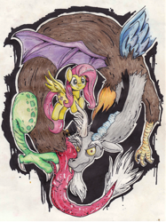 Size: 1784x2384 | Tagged: safe, artist:ilacavgbmjc, discord, fluttershy, pegasus, pony, discoshy, female, male, shipping, straight, traditional art