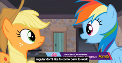 Size: 1600x830 | Tagged: safe, derpibooru import, screencap, applejack, rainbow dash, earth pony, pegasus, pony, the cutie map, eye contact, meme, open mouth, wide eyes, youtube caption