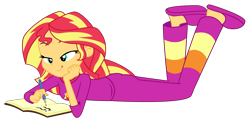 Size: 5205x2590 | Tagged: safe, artist:remcmaximus, sunset shimmer, better together, equestria girls, forgotten friendship, ass, ass up, bunset shimmer, clothes, female, journal, pajamas, pen, simple background, slippers, solo, tongue out, transparent background, vector, writing