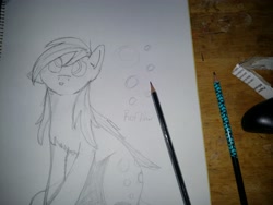 Size: 4128x3096 | Tagged: safe, artist:beatsubi, derpy hooves, pegasus, pony, bubble, cute, draw, drawing, female, mare, monochrome, pencil drawing, scratches, scratching, solo, traditional art