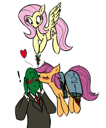 Size: 835x1007 | Tagged: artist needed, safe, fluttershy, scootaloo, oc, oc:anon, pegasus, pony, blushing, heart, holly, holly mistaken for mistletoe, jetpack, kissing, scootaloo can fly, smooch