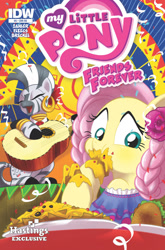 Size: 843x1280 | Tagged: safe, artist:amy mebberson, idw, fluttershy, zecora, pegasus, pony, zebra, friends forever, braid, clothes, comic, confetti, cover, cute, dress, fiesta, guitar, guitarron, hastings, mariachi, messy eating, mexico, nachos, party, puffy cheeks, rose, taco, zecorable