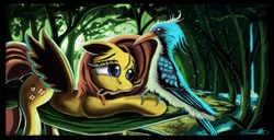 Size: 1249x640 | Tagged: safe, artist:auroriia, fluttershy, bird, pegasus, pony, worm, feeding, river, watching, water