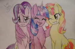 Size: 1024x666 | Tagged: safe, artist:envygirl95, starlight glimmer, sunset shimmer, twilight sparkle, twilight sparkle (alicorn), alicorn, pony, unicorn, chest fluff, eyes closed, female, hug, mare, open mouth, sitting, sketch, traditional art, winghug