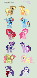 Size: 1496x3156 | Tagged: safe, artist:captainsnarkyninja, derpibooru import, applejack, fluttershy, pinkie pie, rainbow dash, rarity, twilight sparkle, earth pony, pegasus, pony, unicorn, alternate universe, comparison, mane six