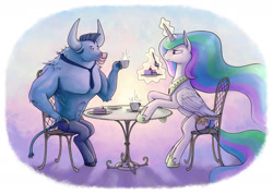 Size: 1980x1400 | Tagged: safe, artist:dahtamnay, iron will, princess celestia, alicorn, pony, cake, chair, cup, magic, sitting, table, tea, tea party, teacup