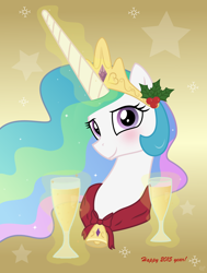 Size: 2500x3306 | Tagged: safe, artist:roze23, princess celestia, alicorn, pony, alcohol, blushing, champagne, cute, cutelestia, happy new year, happy new year 2015, holly, magic, solo, telekinesis