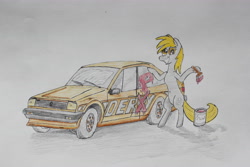 Size: 5184x3456 | Tagged: safe, artist:bumskuchen, derpy hooves, pegasus, pony, car, female, mare, traditional art, volkswagen, volkswagen derby, vw