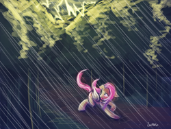 Size: 1280x960 | Tagged: safe, artist:lumineko, fluttershy, pegasus, pony, 30 minute art challenge, blushing, floppy ears, looking back, open mouth, rain, running, solo