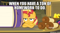 Size: 600x337 | Tagged: safe, edit, edited screencap, screencap, sunset shimmer, better together, equestria girls, forgotten friendship, image macro, meme, unamused