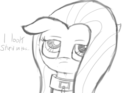 Size: 1620x1240 | Tagged: safe, artist:flutteriot, fluttershy, pegasus, pony, collar, monochrome, solo