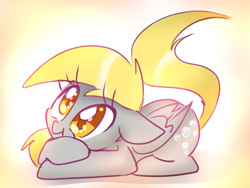 Size: 1600x1200 | Tagged: safe, artist:thegreatrouge, derpy hooves, pegasus, pony, cute, derpabetes, female, gradient background, lying down, mare, prone, smiling, solo