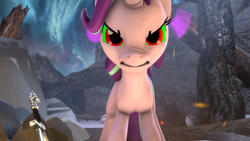 Size: 1280x720 | Tagged: safe, artist:redaceofspades, starlight glimmer, pony, unicorn, 3d, angry, solo, sombra eyes, source filmmaker, sword, tree, weapon, youtube link