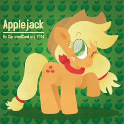 Size: 750x750 | Tagged: safe, artist:caramelcookie, applejack, earth pony, pony, bandana, one eye closed, raised hoof, solo, wink