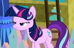 Size: 720x470 | Tagged: safe, screencap, starlight glimmer, pony, unicorn, a matter of principals, annoyed, ladder, not twilight sparkle, starlight is not amused, unamused, wig