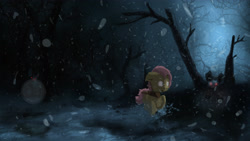 Size: 4000x2250 | Tagged: safe, artist:fuzzyfox11, fluttershy, pegasus, pony, absurd resolution, night, scared, snow, snowfall, solo, tree