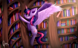 Size: 1920x1200 | Tagged: safe, artist:gamershy, derpibooru import, twilight sparkle, twilight sparkle (alicorn), alicorn, pony, book, female, golden oaks library, library, mare, solo