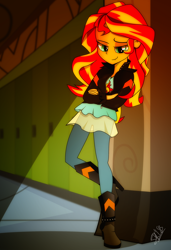 Size: 1016x1487 | Tagged: safe, artist:dsana, sunset shimmer, human, equestria girls, boots, clothes, female, jacket, leather jacket, lockers, looking at you, pants, shirt, shoes, solo