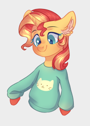 Size: 1024x1438 | Tagged: safe, artist:sannykat, sunset shimmer, pony, unicorn, clothes, cute, ear fluff, female, gravity falls, gray background, looking at you, mare, shimmerbetes, simple background, smiling, solo, sweater