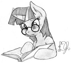 Size: 672x602 | Tagged: safe, artist:dj-black-n-white, derpibooru import, twilight sparkle, book, glasses, monochrome, reading, solo