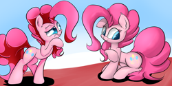 Size: 1280x639 | Tagged: safe, artist:madacon, pinkie pie, earth pony, pony, colored pupils, comparison, female, mare, self ponidox, solo