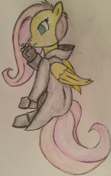 Size: 574x900 | Tagged: safe, artist:rayodragon, fluttershy, pegasus, pony, black coat, kingdom hearts, nobody, solo, traditional art