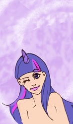 Size: 461x782 | Tagged: safe, artist:santichan, derpibooru import, twilight sparkle, human, bare shoulder portrait, horned humanization, humanized, solo, wink