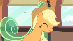 Size: 853x480 | Tagged: safe, screencap, applejack, earth pony, pony, just for sidekicks, female, mare, solo