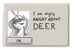 Size: 800x544 | Tagged: safe, artist:king-kakapo, princess celestia, alicorn, deer, pony, /tg/, angry, angry about elves, derp, dialogue box, frown, glare, monochrome, parody, parody of a parody, sim city, solo